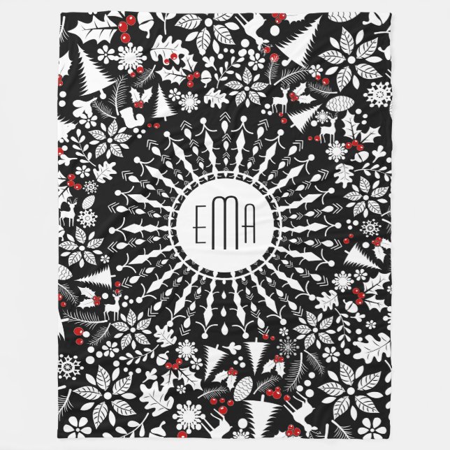 White & Black Geometric Christmas Wreath Fleece Blanket (Front)