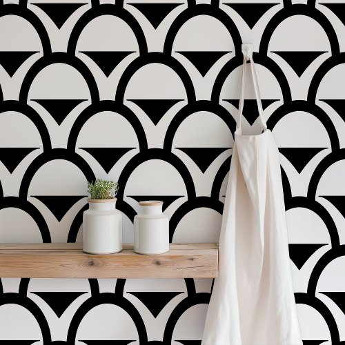 White  Black Geometric Scalloped Wallpaper
