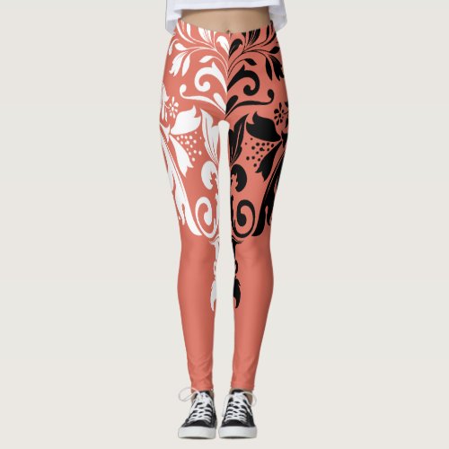 White  Black Girly Floral Swirls Leggings