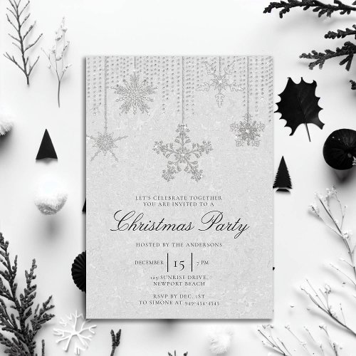 White Black Glitter Drips Snowflakes Christmas Invitation