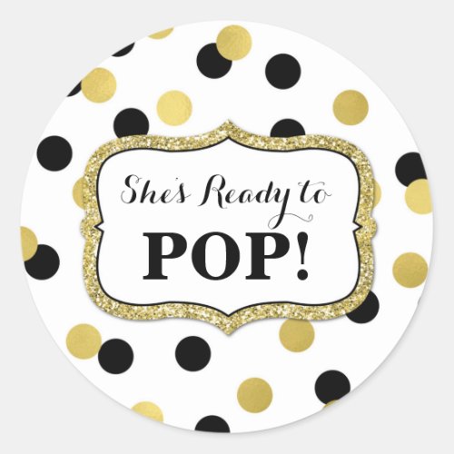 White Black Gold Baby Shower Ready to Pop Classic Round Sticker