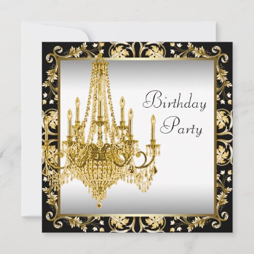 White Black Gold Chandelier Birthday Party Invitation