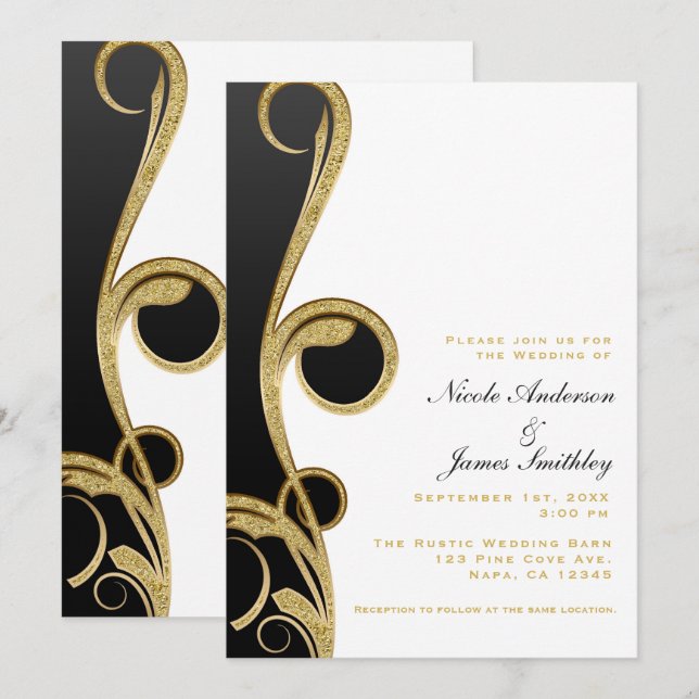 White Black Gold Chic Elegant Swirl Wedding Invitation (Front/Back)