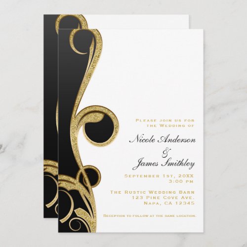 White Black Gold Chic Elegant Swirl Wedding Invitation