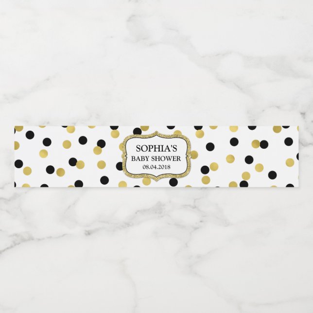 White Black Gold Confetti Baby Shower Water Bottle Label (Single Label)