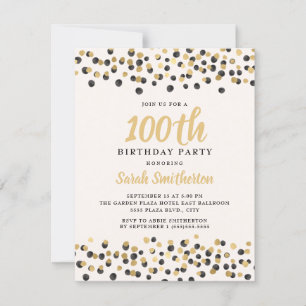 White Black Gold Confetti Glitter 100th Birthday Invitation