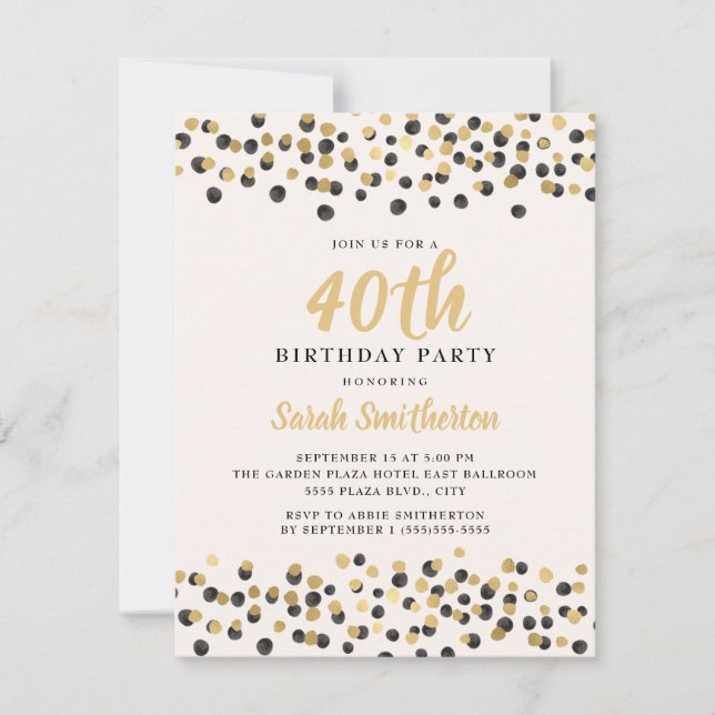 White Black Gold Confetti Glitter 40th Birthday Invitation (Front)