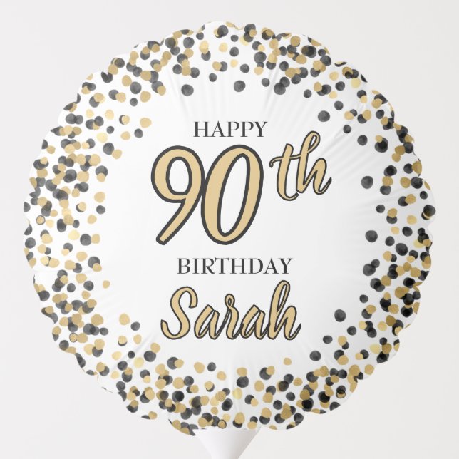 White Black Gold Confetti Glitter 90th Birthday Balloon (Back)