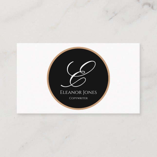 White, Black & Gold Cursive Initial Name  Business Card (Front)