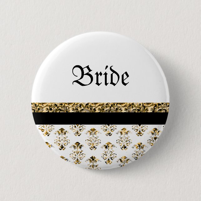 White black gold damask wedding button (Front)