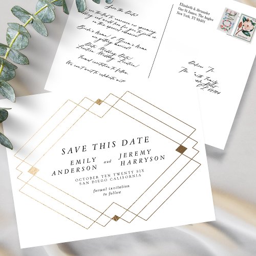 White Black Gold Deco Lines Save The Date Wedding Postcard