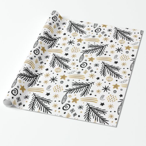 White Black   Gold doodle PINE and stars CHRISTMAS Wrapping Paper