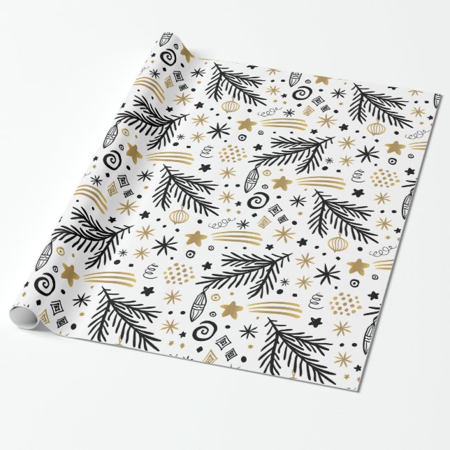 White Black   Gold doodle PINE and stars CHRISTMAS Wrapping Paper (Unrolled)
