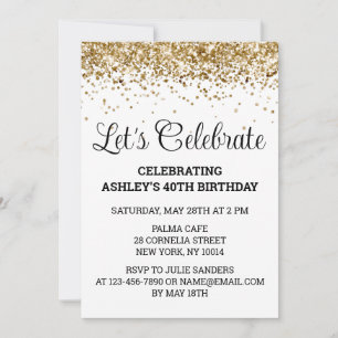 White Black Gold Glitter 40th Birthday Party Forty Invitation
