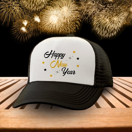 White Black  Gold Happy New Year Trucker Hat