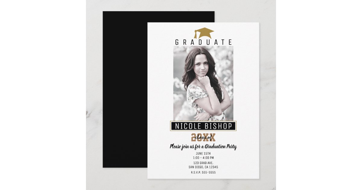 White Black Gold Modern Graduation Photo Party Invitation | Zazzle