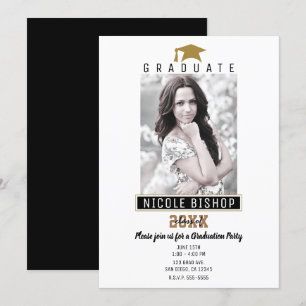 White Black Gold Modern Graduation Photo Party  Invitation