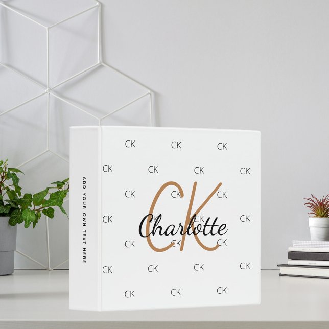 White black gold monogram elegant office school 3 ring binder (Creator Uploaded)