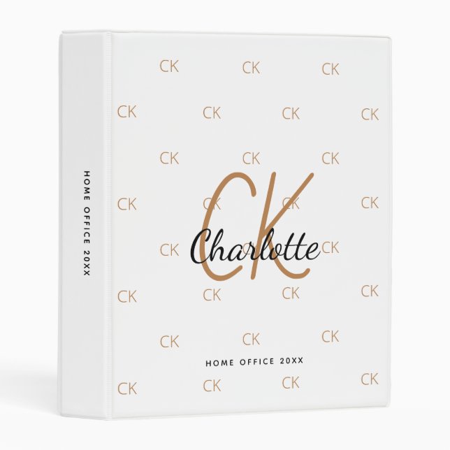 White black gold monogram elegant office school mini binder (Front/Spine)
