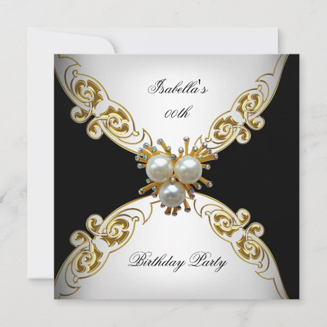 White Black Gold Pearl Birthday Party Invitation (Front)