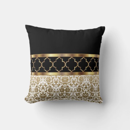 White Black  Gold Quatrefoil  Damask Pattern Throw Pillow