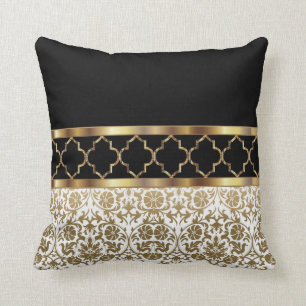 White, Black & Gold Quatrefoil & Damask Pattern Throw Pillow