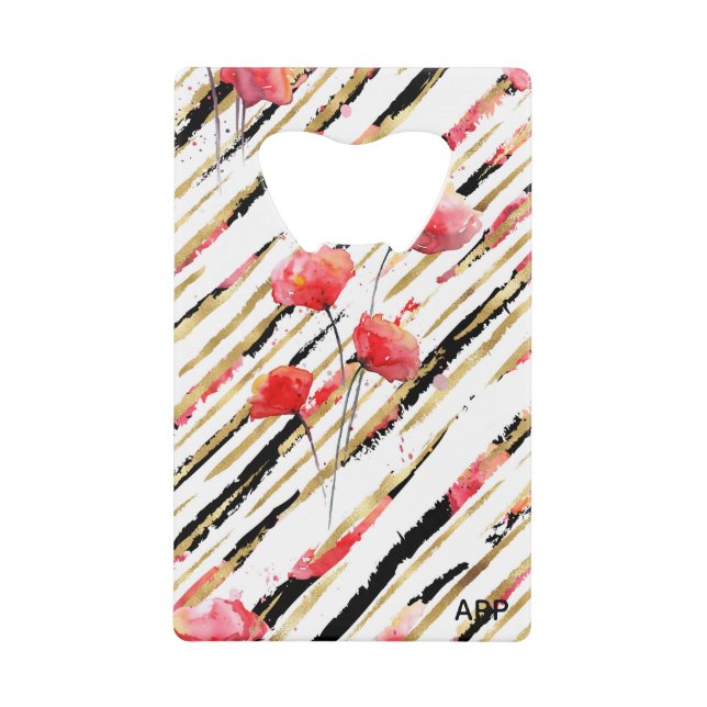 *~* White Black Gold Red Poppy Pattern Credit Card Bottle Opener (Front)