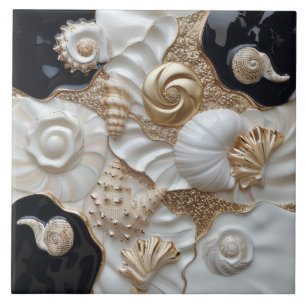 White Black Gold Seashells 3D Effect Ceramic Tile