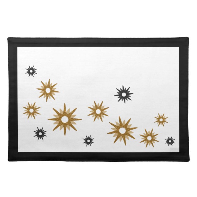 White Black & Gold Starbursts Cloth Placemat (Front)