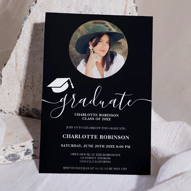 White black graduate script photo graduation invitation | Zazzle