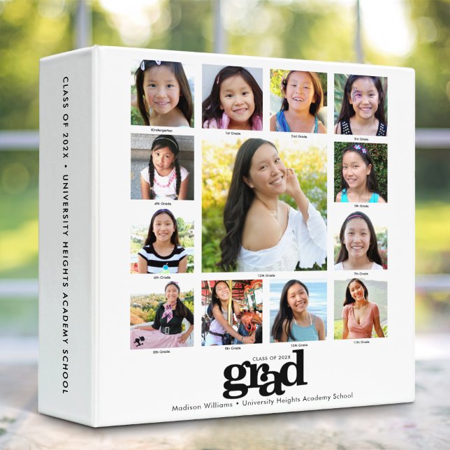 White Black Graduation K–12 Modern Photo Collage 3 Ring Binder (Creator Uploaded)