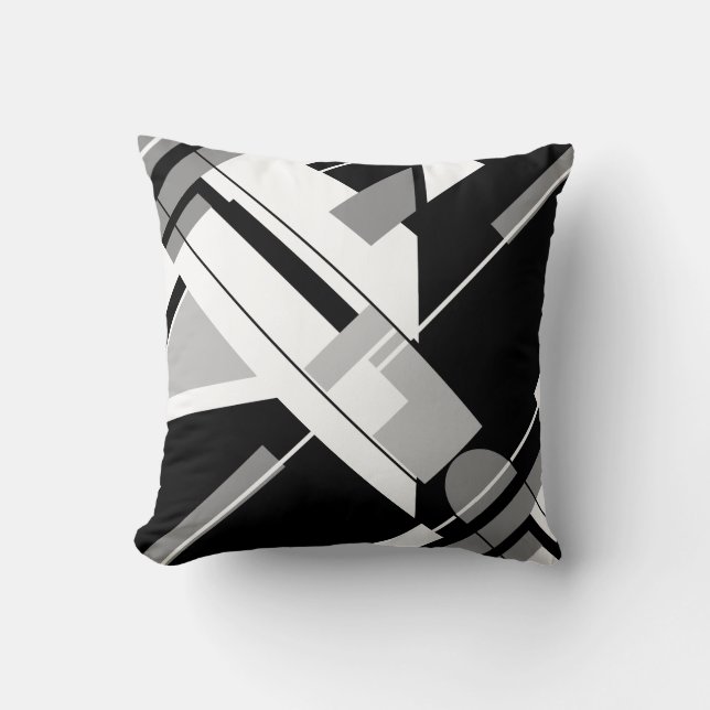 White Black Gray Diagonal MCM-inspired Abstract Throw Pillow (Front)