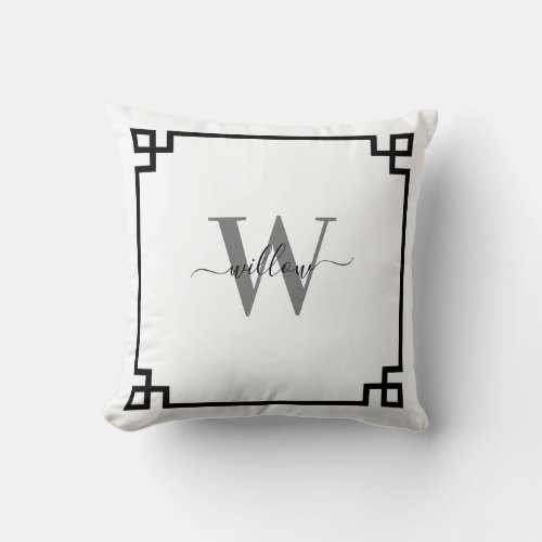 White Black Gray Greek Key Monogrammed Throw Pillow