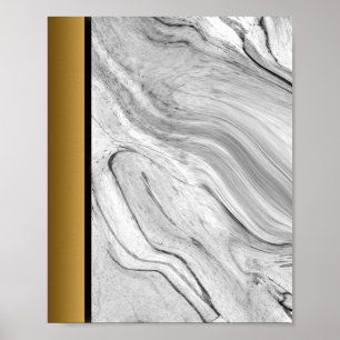 White Black Gray Marble / Black Gold Border Art  Poster