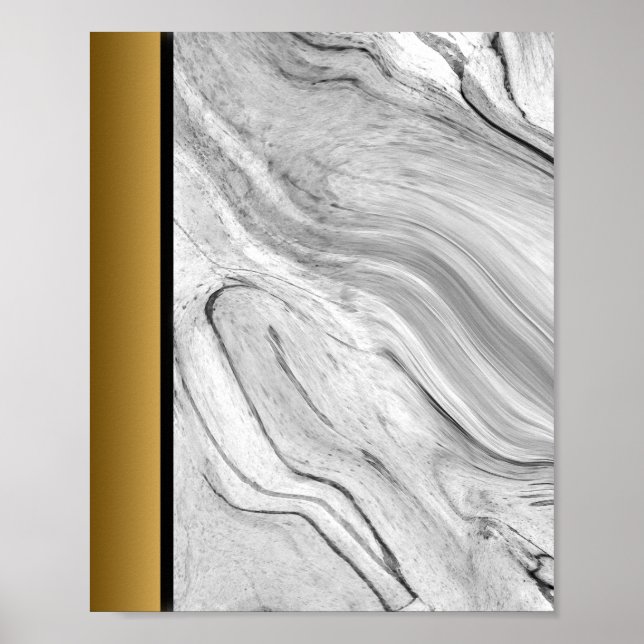 White Black Gray Marble / Black Gold Border Art  Poster (Front)