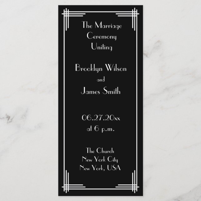 White Black Great Gatsby Art Deco Wedding Programs (Front)