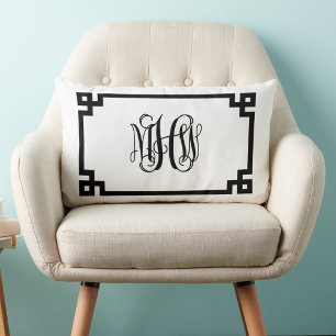 White Black Greek Key Vine Script Monogram DIY BG Lumbar Pillow