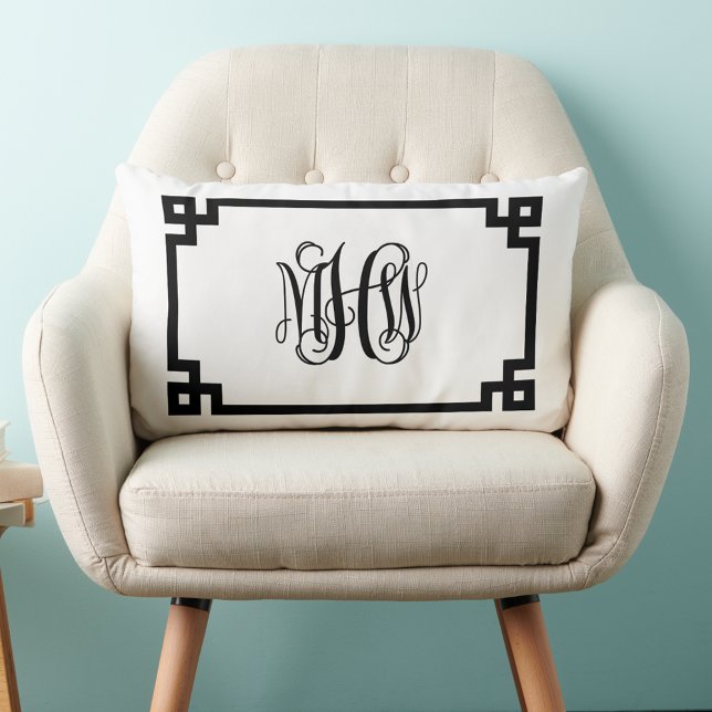 White Black Greek Key Vine Script Monogram DIY BG Lumbar Pillow (Creator Uploaded)
