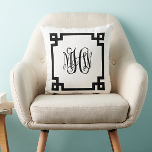 White Black Greek Key Vine Script Monogram DIY BG Throw Pillow