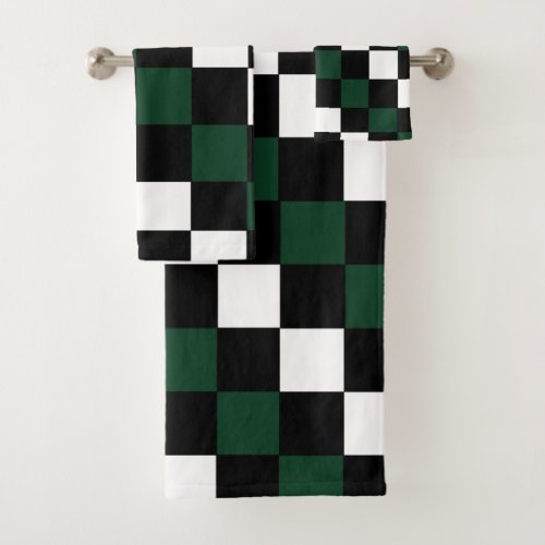 White Black Green Checkerboard  Bath Towel Set