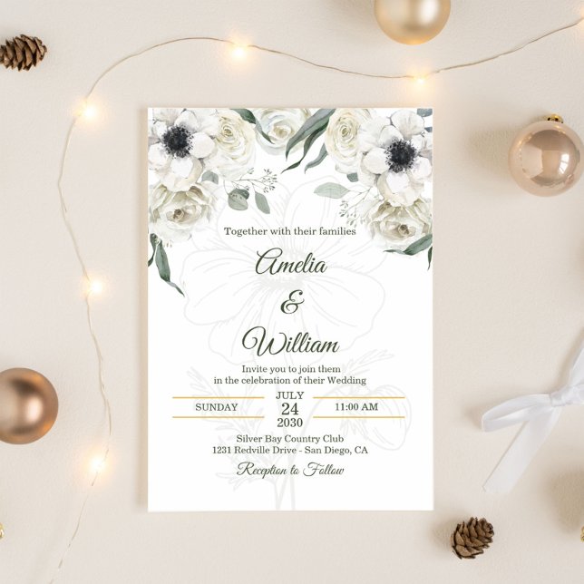 White Black Green Elegant Anemone Wedding Invitation (Creator Uploaded)