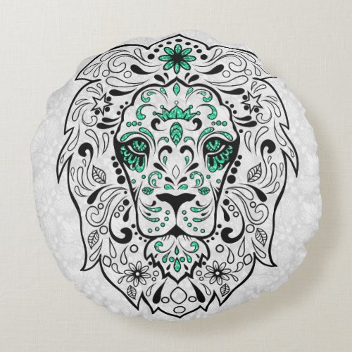 White Black  Green Glitter Lion Sugar Skull 2 Round Pillow