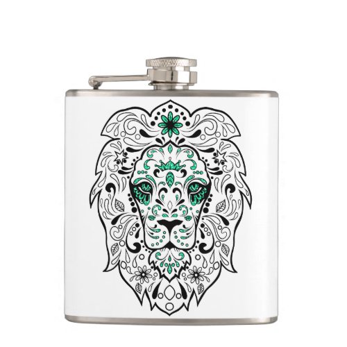 White Black  Green Glitter Lion Sugar Skull Hip Flask