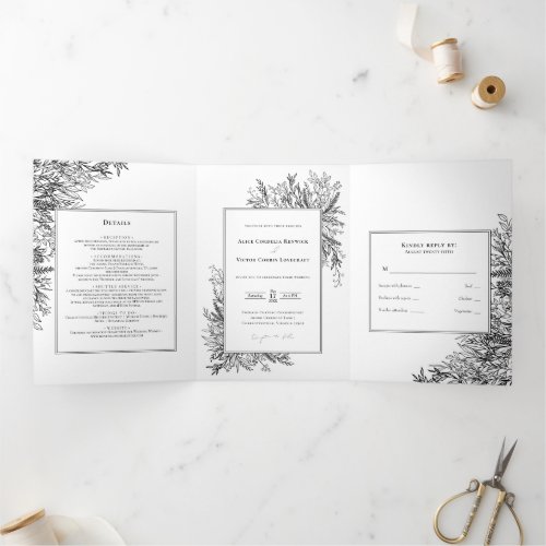 White Black Greenery Wedding Tri_Fold Invitation