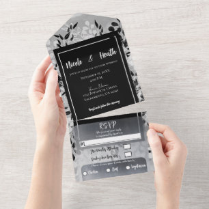 White Black Grey Modern Minimal Floral Wedding All In One Invitation