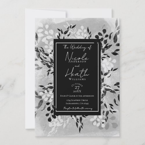 White Black Grey Modern Minimal Floral Wedding   Invitation