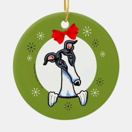 White Black Greyhound Christmas Classic Ceramic Ornament