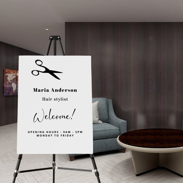 White black hair stylist opening hours welcome foam board (Creator Uploaded)