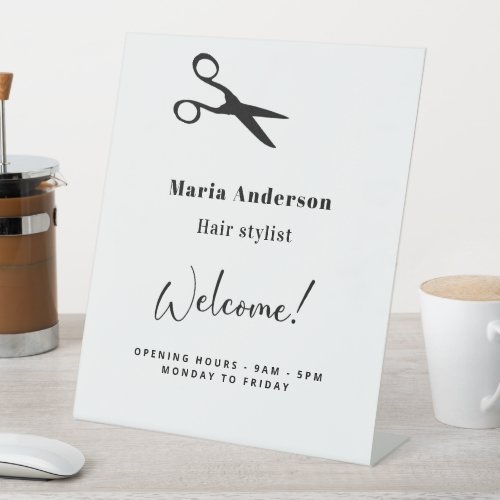 White black hair stylist opening hours welcome pedestal sign
