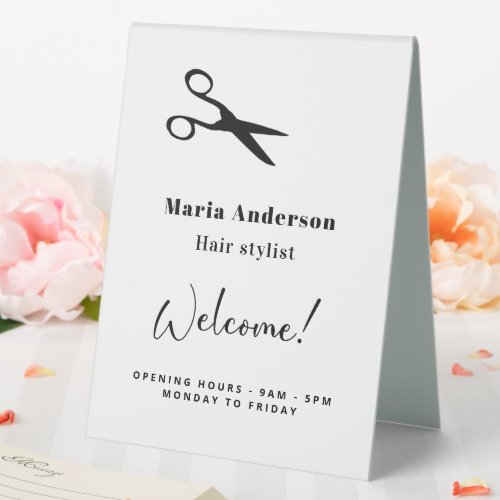 White black hair stylist opening hours welcome table tent sign